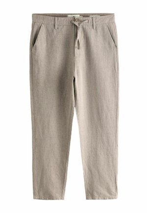 Hellbeige Leinenhose mit lockerem Schnitt, zwei Seitentaschen, Knopfverschluss und sauberem Saum. Glatte Textur, minimale Details.