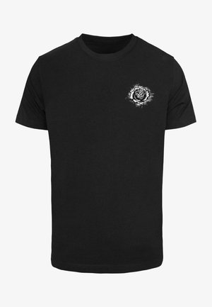 Schwarzes T-Shirt mit kurzen Ärmeln und kleinem weißen Rosenmotiv auf der linken Brustseite.