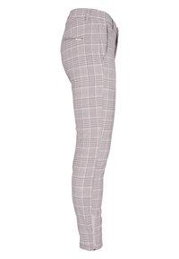 Šedé kostkované slim-fit kalhoty s hladkým povrchem, s bočním zipem a standardním pasem, bez viditelných kapes vpředu.