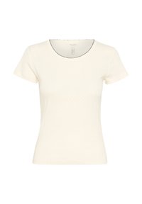 Kreminės spalvos trumpa rankovė T-shirt su tekstūruota medžiaga, apvaliu iškirpimu ir banguotu krašto apdaila aplink apykaklę. Paprastas, prigludęs dizainas.