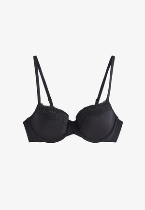 Musta rintaliivi, jossa on sileä kangaspohja ja pitsiyksityiskohtia ylhäällä, ohuet säädettävät hihnat sekä tuki alapuolella.