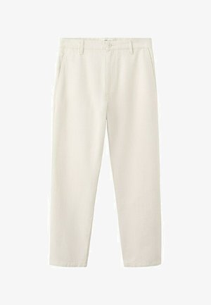 Pantaloni beige cu talie înaltă și croială dreaptă, cu buzunare laterale, găici pentru curea și închidere cu nasture la talie.