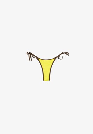 Yellow bikini bottom with brown accents, featuring a ribbed texture. Ties on either side for adjustable fit, minimal coverage design.