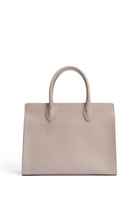 Sac à main en cuir beige avec une surface texturée, de forme rectangulaire et deux poignées arrondies. Présente un design minimaliste et sans matériel visible.
