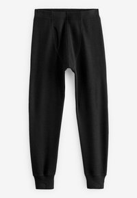 Schwarze thermische Leggings mit gerippter Textur, enganliegendem Design, elastischem Bund und einer einzelnen Öffnung vorne, die zum Knöchel hin verjüngt.