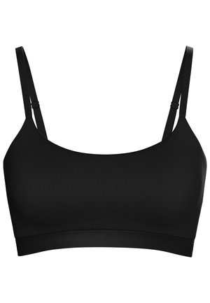 Svart bralette med en jevn tekstur, brede stropper og en sømløs design. Har et støttende bånd nederst. Ingen polstring eller ledninger.