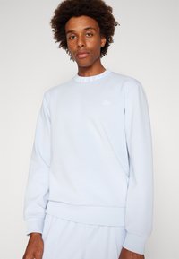 Világoskék pulóver kerek nyakkivágással és bordás mandzsettával. A galléron a "LACOSTE" logo, a mellkason pedig egy kis hímzett logó található.