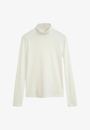 Weißes Langarm-Turtleneck-Shirt mit entspannter Passform und weichem Stoff, vor einem schlichten weißen Hintergrund präsentiert.