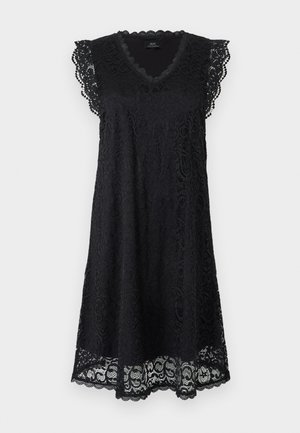 Vestido de encaje negro hasta la rodilla con escote en V y mangas farol con borde festoneado, con estampados florales y dobladillo festoneado.