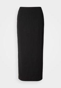 Black, knee-length pencil skirt with a smooth texture and fitted design. Features a high waistband and no visible fastenings or embellishments.