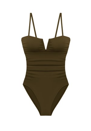 Olivengrønn badedrakt i ett stykke med V-utringning, justerbare stropper og rynket teksturdetalj på overdelen. Høyt utskjært benåpning.