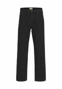 Schwarze Jeans mit geradem Bein, Fünf-Taschen-Design und Knopfverschluss, auf weißem Hintergrund dargestellt.