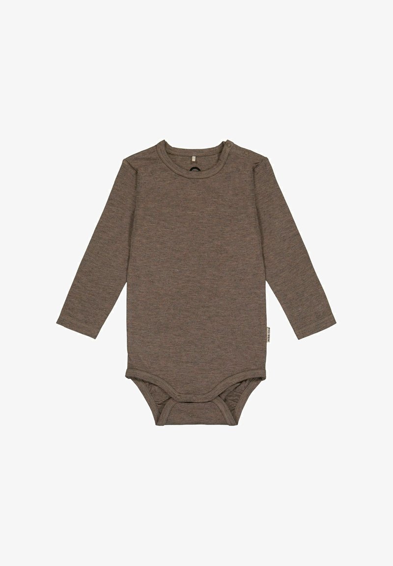 Bodysuit marrón de manga larga hecho de una tela suave y elástica. Presenta cuello redondo y cierres a presión en la parte inferior para facilitar el vestir.
