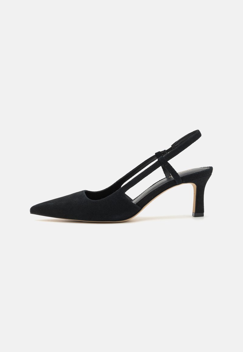 Black suede slingback high-heeled shoe with a pointed toe, featuring side cutouts and a moderate heel height. Smooth surface texture.
