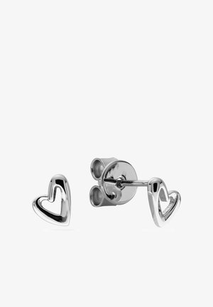 Silver heart-shaped open-frame stud earrings with butterfly push back closures on a white background.