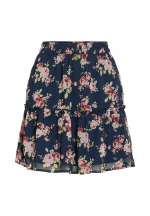 Marineblauwe bloemenrok met roze en witte rozen, elastische tailleband en een gelaagde volant dicht bij de zoom.