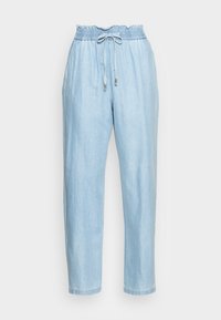 Light blue drawstring pants with an elastic waistband, casual fit, and soft texture. Features a slight taper towards the ankle with no additional details.