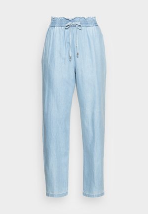 Helle blaue Jogginghose mit elastischem Bund, lässiger Schnitt und weicher Textur. Verfügt über eine leichte Verjüngung zum Knöchel ohne zusätzliche Details.