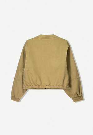 Gekürzte khakifarbene Jacke mit elastischen Bündchen und Saum, aus einem strukturierten Stoff, mit Kragen und eingesetzten Ärmeln.