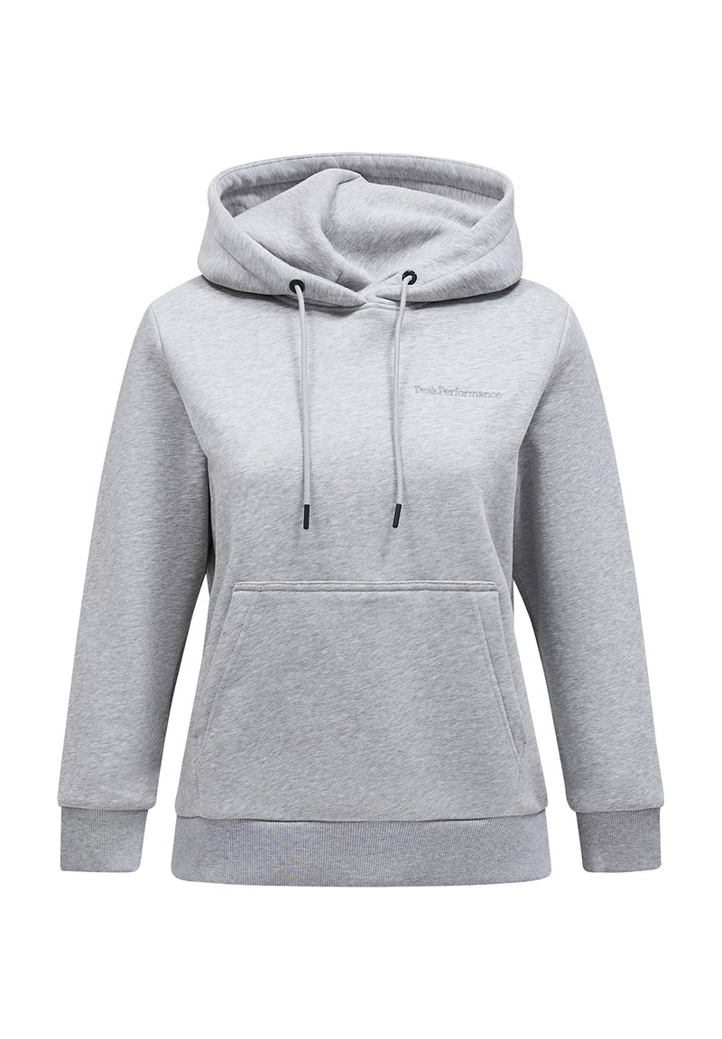 Hellgrauer Kapuzenpullover aus weichem Baumwollmix, mit einer Fronttasche, verstellbaren Zugbändern und gerippten Bündchen und Saum.