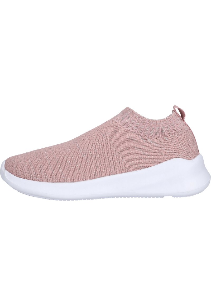 Helle rosa Slipper mit gestricktem Obermaterial, weißer Gummisohle und gerippter Kragen für einen angenehmen Sitz. Minimalistisches Design, keine sichtbaren Beschläge.