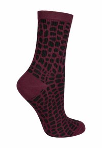 Bordeauxfarbene Socken mit einem schwarzen Tiermuster, geripptem Bündchen, in Wadenhöhe und glatter Textur.
