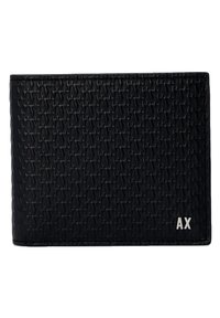 Black leather wallet featuring a textured pattern with repeated lettering. The front displays a metallic silver logo accent.