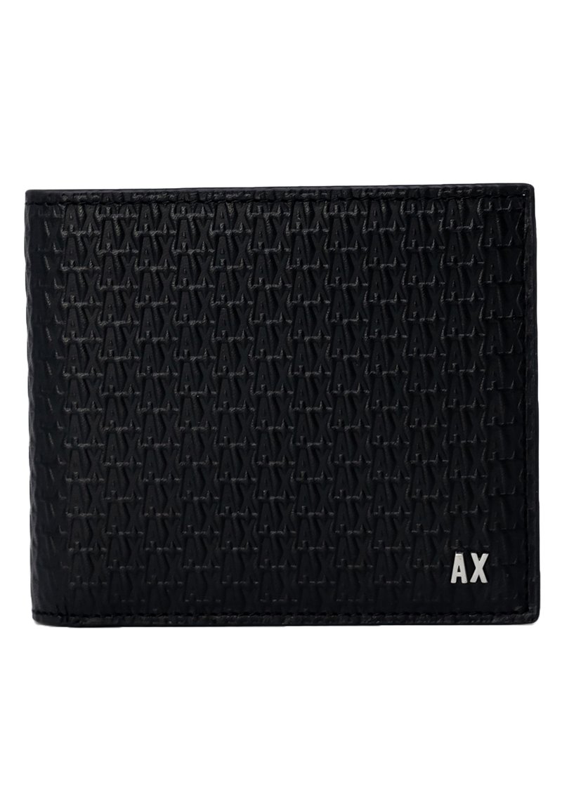 Black leather wallet featuring a textured pattern with repeated lettering. The front displays a metallic silver logo accent.