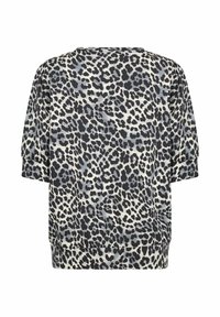 Top s leopardím vzorem a krátkým rukávem, s černou, šedou a krémovou paletou barev. Měkký materiál, uvolněný střih a kulatý výstřih.
