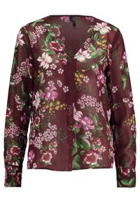 Przezroczysta bordowa bluzka z długim rękawem, z dekoltem w serek i wielokolorowym kwiatowym wzorem, w tym różowe, białe i żółte kwiaty z zielonymi liśćmi.