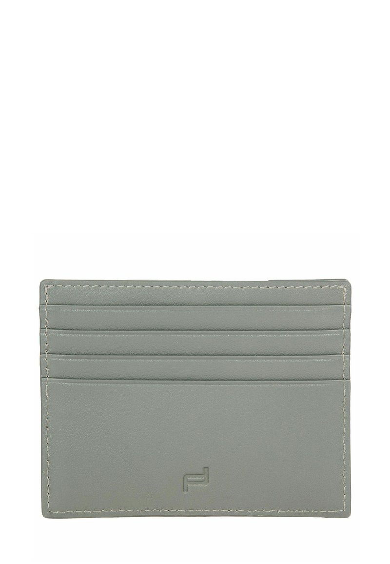 Porta carte compatto in pelle grigia con quattro fessure orizzontali e bordi cuciti, caratterizzato da un piccolo logo inciso in rilievo al centro in basso.