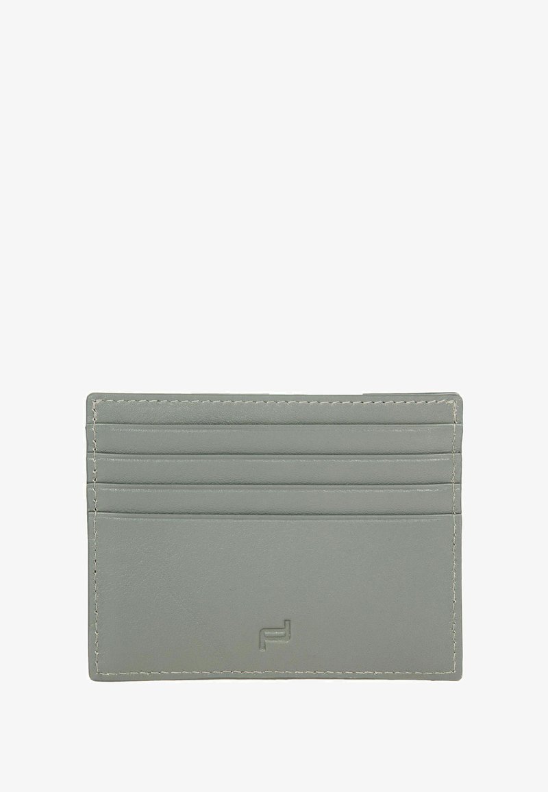 Porta carte compatto in pelle grigia con quattro fessure orizzontali e bordi cuciti, caratterizzato da un piccolo logo inciso in rilievo al centro in basso.