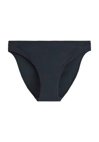 Černé spodní díly bikin vyrobené z elastického materiálu. Disponují minimalistickým designem s nízkým pasem a zakřivenými boky. Hladká textura, žádné vzory ani akcenty.