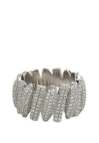 Silberfarbener Ring mit einem abwechselnden Muster aus glatten und strukturierten ovalen Formen, die jeweils mit mehreren kleinen klaren Steinen verziert sind.