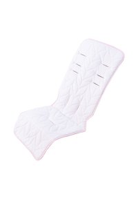 Poduszka siedziskowa pikowana w białym kolorze z różowym wykończeniem, ozdobiona wzorem liści i szczelinami do przymocowania do krzesła. Miękka tekstura, dopasowany kształt.