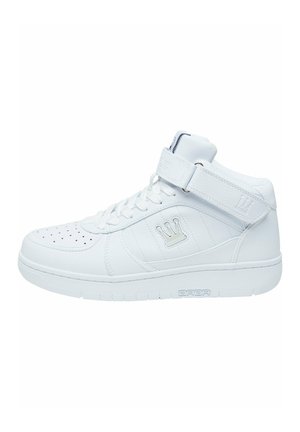 White high-top sneakers made of leather with a perforated toe, padded collar, adjustable Velcro strap, and embossed crown logo detail.