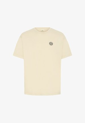 Beige katoenen t-shirt met een ronde hals, korte mouwen en een zonnenembleem in het zwart gedrukt op de linkerborst.