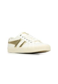 Sneaker bianca con dettagli in oro metallizzato, con tomaia in tessuto, punta rotonda e suola in gomma testurizzata. Tre elementi di design a strisce.
