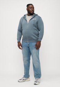 Veste à fermeture éclair grise avec une capuche à cordon et des poches avant, portée sur un tee-shirt léger, assortie à un jean bleu clair et des baskets grises.