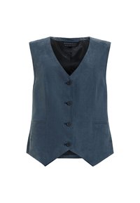 Väst, med en mörkblå tyg, knappfäste framtill, V-ringad design och två sidofickor, med en slät, matt textur.