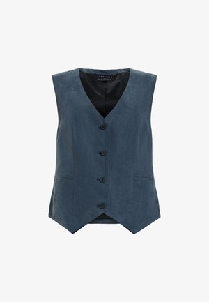 Chalecos de tejido azul oscuro, con cierre de botones en la parte delantera, diseño con escote en V y dos bolsillos laterales, con una textura suave y mate.