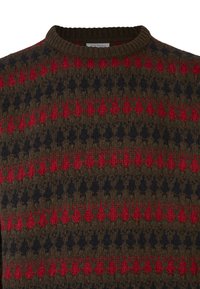 Brauner Strickpullover mit einem gemusterten Design aus roten und marineblauen geometrischen Formen. Rundhalsausschnitt mit geripptem Saum. Weicher Stoff.
