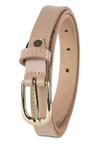 Cinturón de cuero beige con una textura suave, que presenta una hebilla de metal en tono dorado y costuras blancas en contraste a lo largo de los bordes.