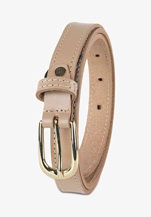 Cinturón de cuero beige con una textura suave, que presenta una hebilla de metal en tono dorado y costuras blancas en contraste a lo largo de los bordes.