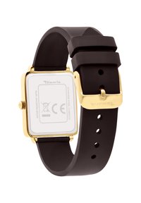 Quadratische Uhr mit einem goldenen Metallgehäuse; schwarzes Gummiarmband und Schnalle; verfügt über einen weißen Gehäuseboden; wasserdichtes Design.