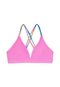 Ružičasti bikini gornji dio s trokutastim čašama, glatke teksture i višebojnim ukrštenim trakama u plavoj, žutoj i ružičastoj boji. Bez jastučića ili žice.