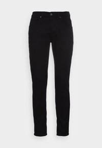 Pantalones de mezclilla negros con un corte ajustado, bolsillos frontales y un cierre de botón simple en la cintura. Textura suave y sin patrones visibles.