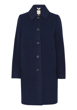 Navy wool coat with a structured collar, seven buttons, and two side pockets. Features a straight cut and smooth texture.
