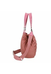 Borsa-texturata rosa con forma arrotondata, dotata di dettagli imbottiti e cinturini regolabili. I dettagli includono hardware in argento e tessuto morbido.