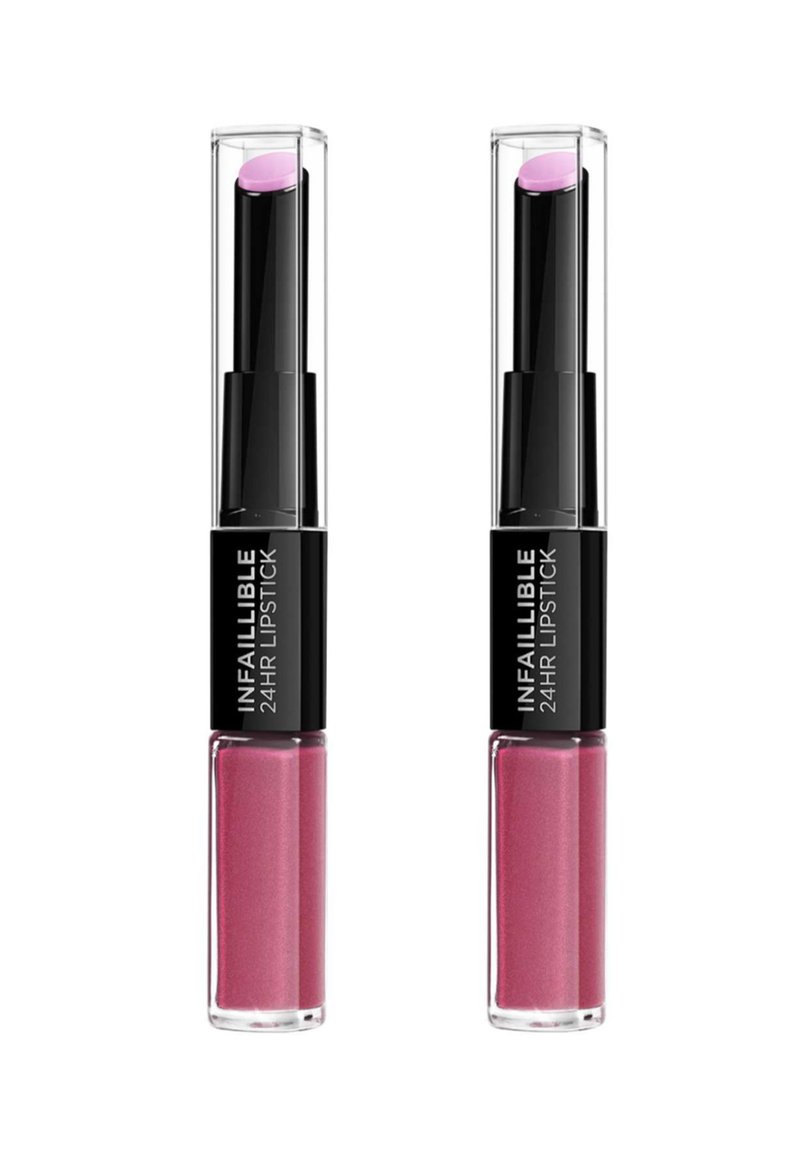 Duo de rouge à lèvres infaillible 24 heures avec tubes transparents. L'un a un embout en forme de bullet rose ; les deux présentent une base rose brillante avec des paillettes.
